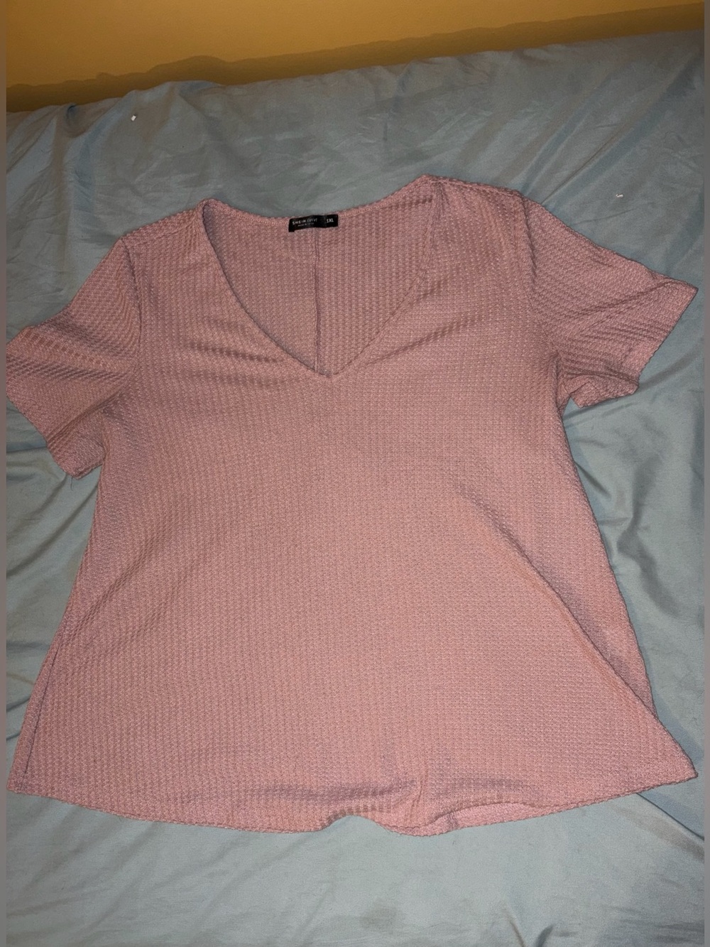 Light Pink Textured V-Neck Short Sleeve Top